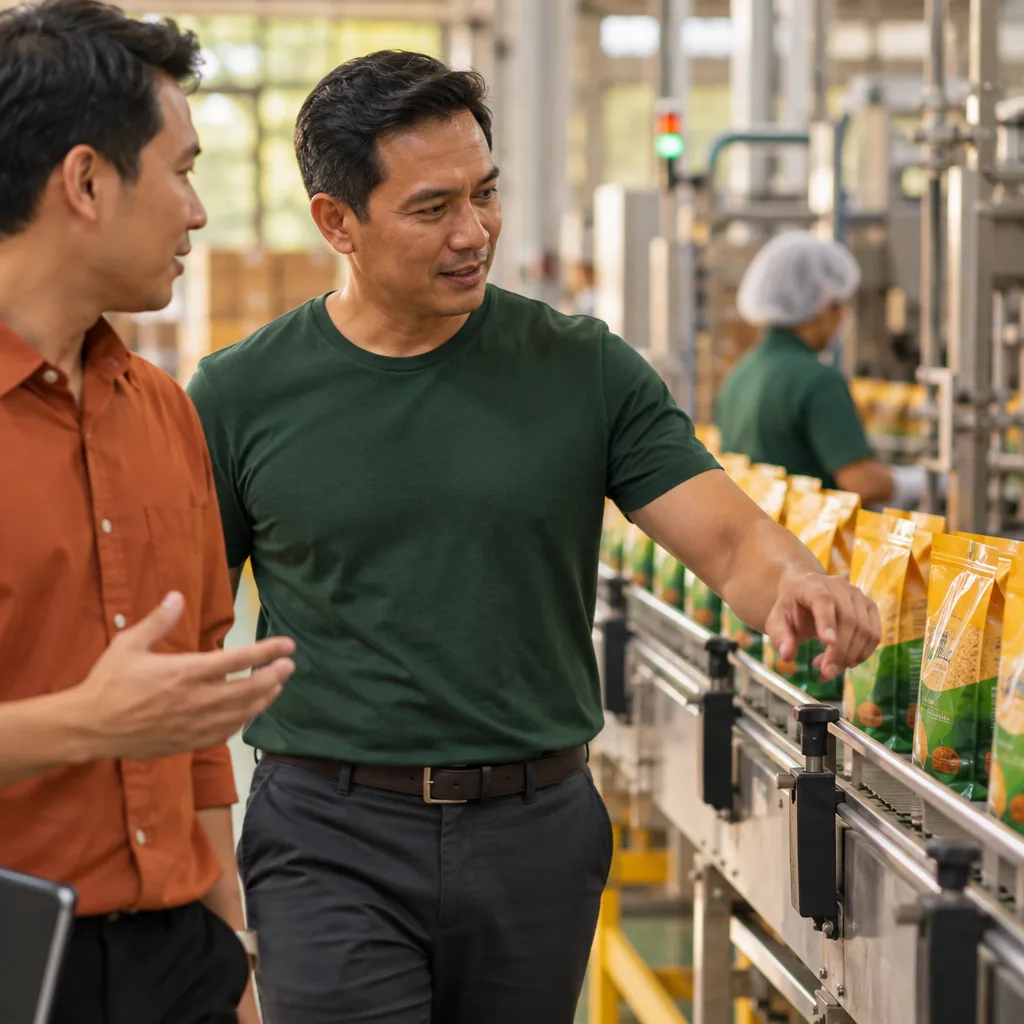 Manufacturing operators reviewing a production line