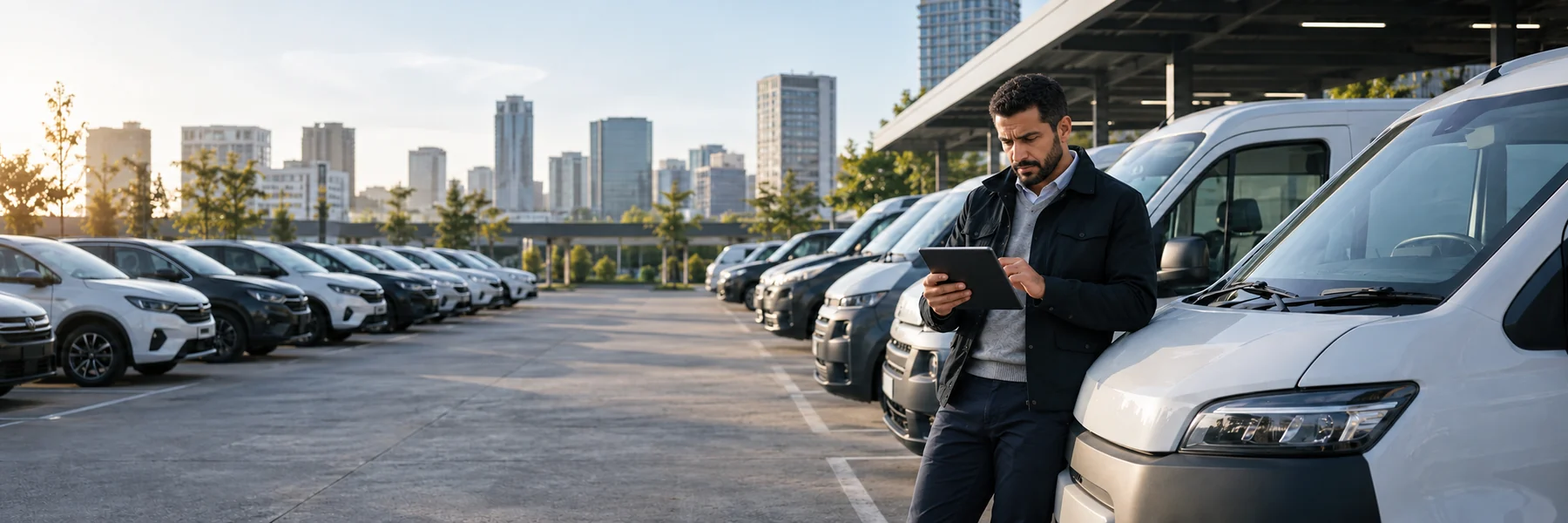 Fleet operations manager reviewing vehicles on a tablet