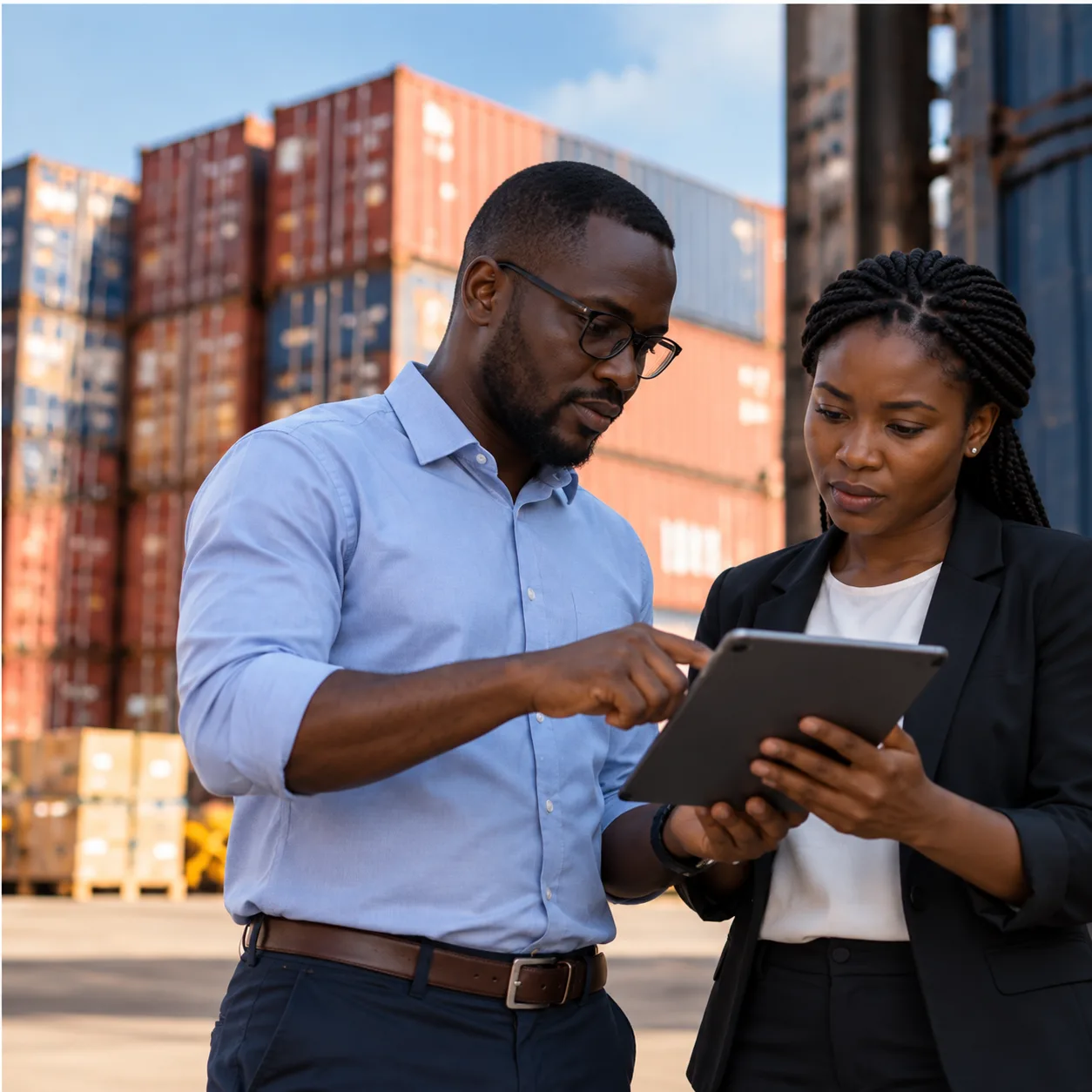 Business operators reviewing logistics at a container terminal