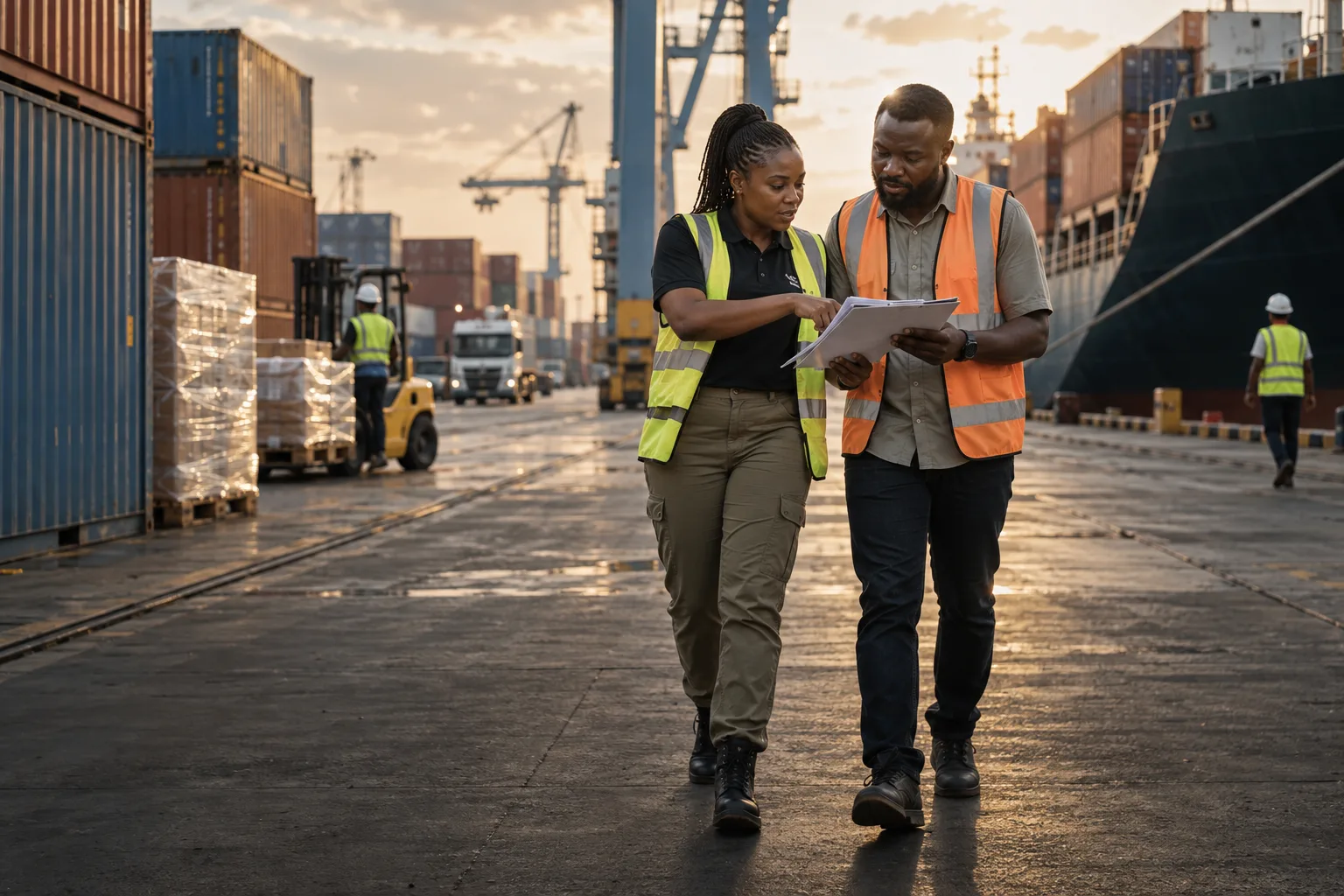 African trade operators reviewing a shipping manifest at a container terminal